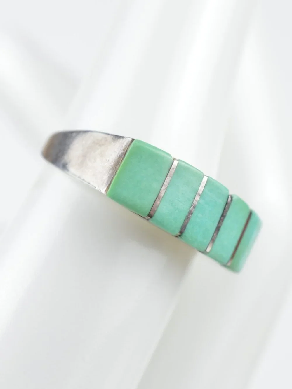 VTG Native American Sterling Silver Carico Lake Green Turquoise Inlay Ring Sz 6